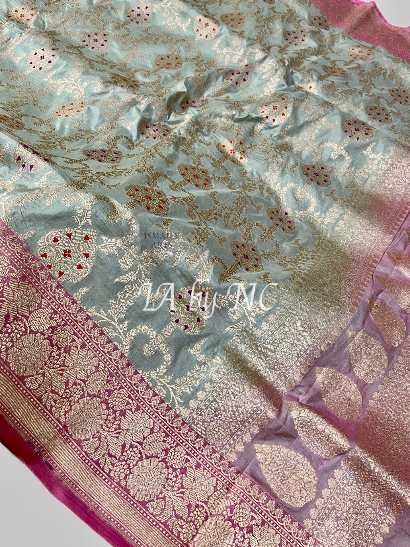 Seafoam Banarasi Pure Katan Silk Meenakari Pattu Saree