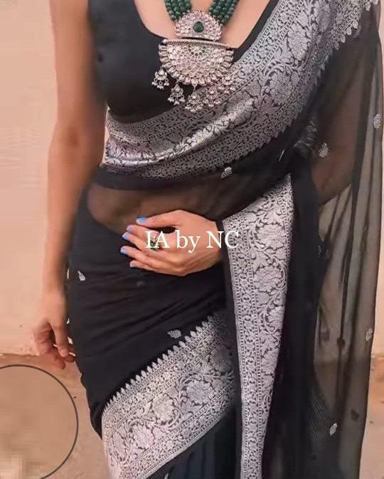 Black Banarasi Pure Khaddi Georgette Kadwa Saree