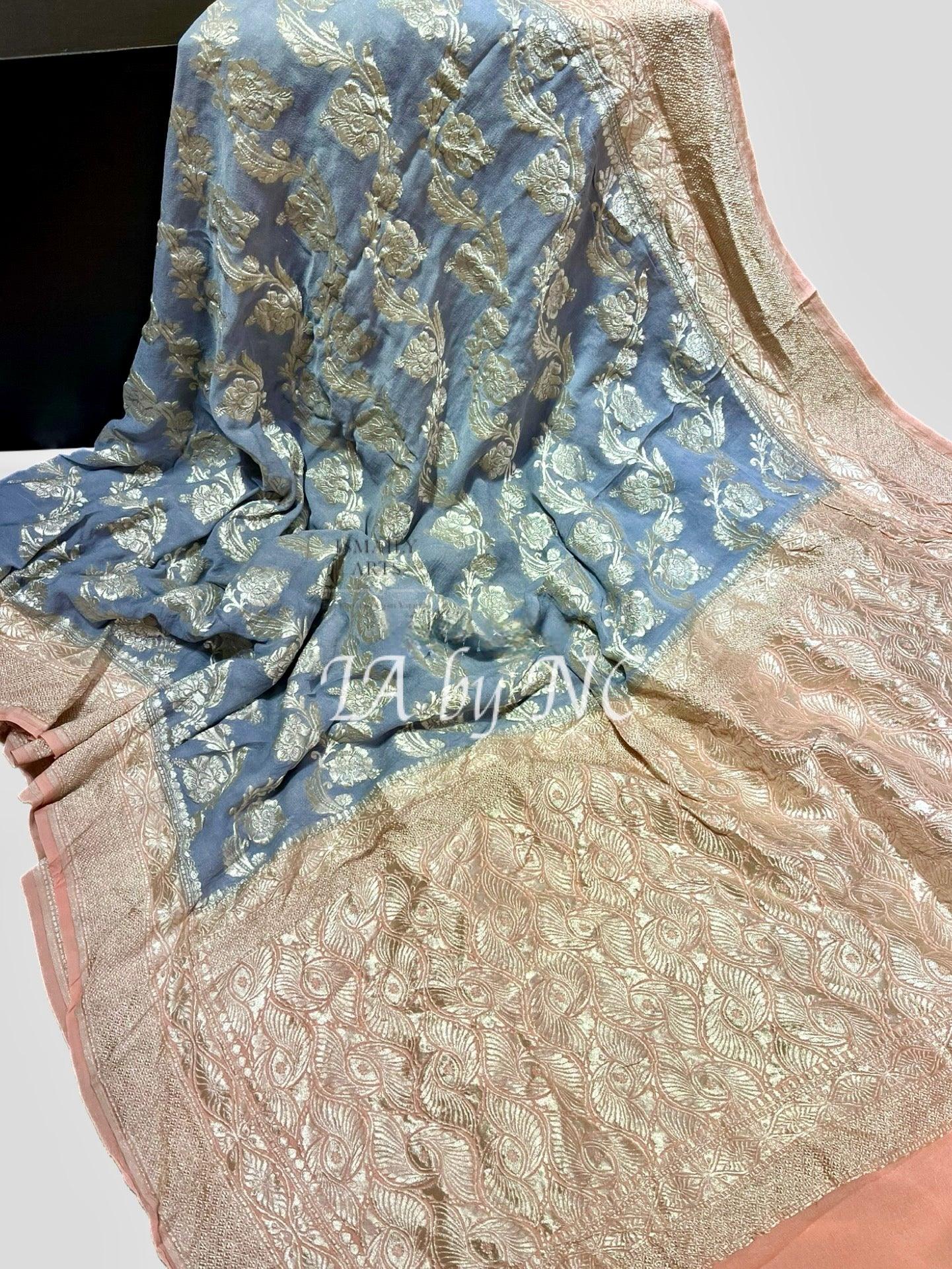 Grey Banarasi Pure Khaddi Georgette Saree.