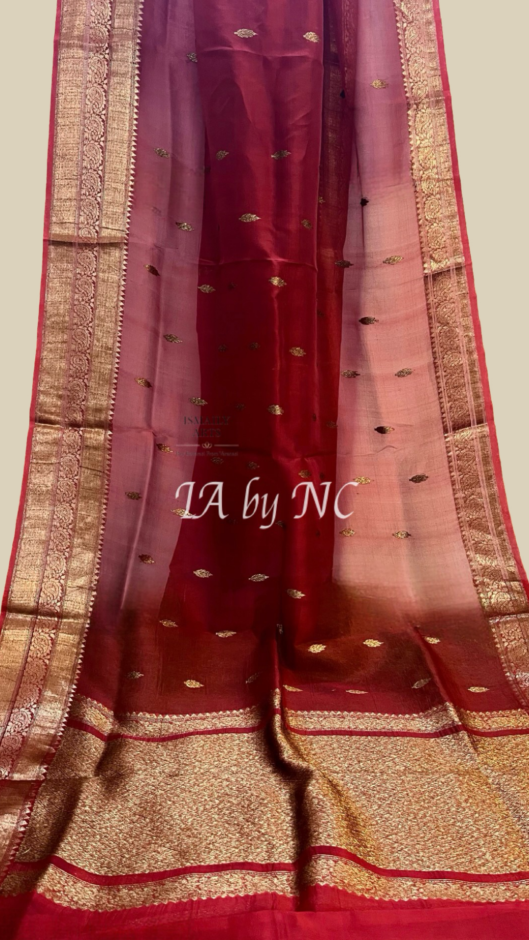 Carmine Banarasi Pure Kora Organza Kadwa Saree