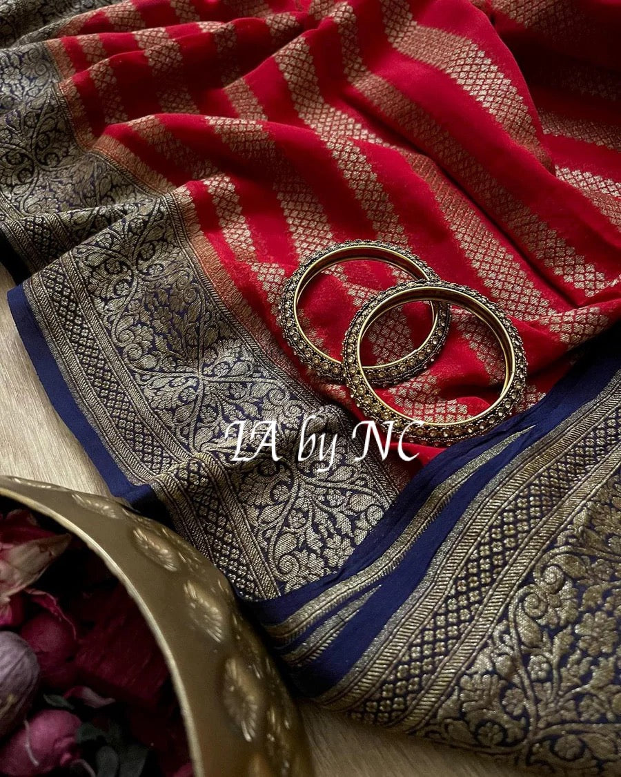 Carmine Banarasi Pure Khaddi Georgette Saree