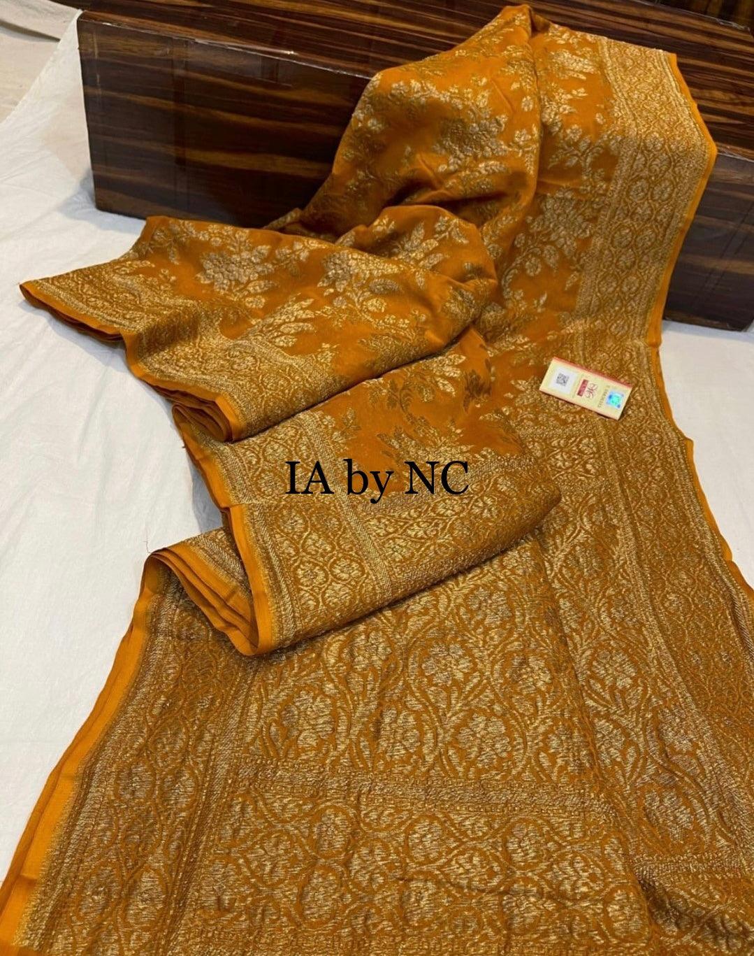 Ochre Banarasi Pure Khaddi Georgette Saree