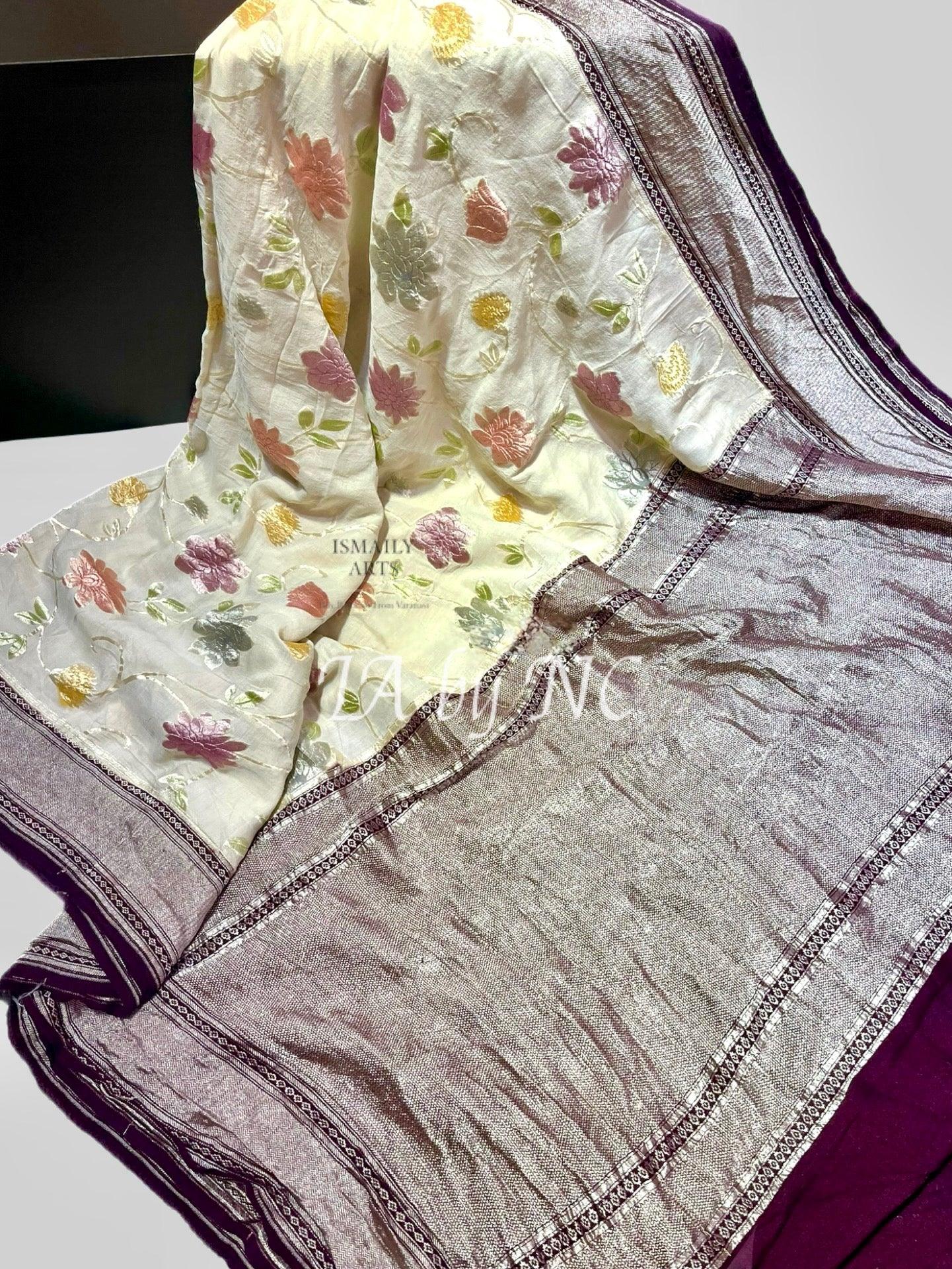 Off-white Banarasi Pure Khaddi Munga Saree
