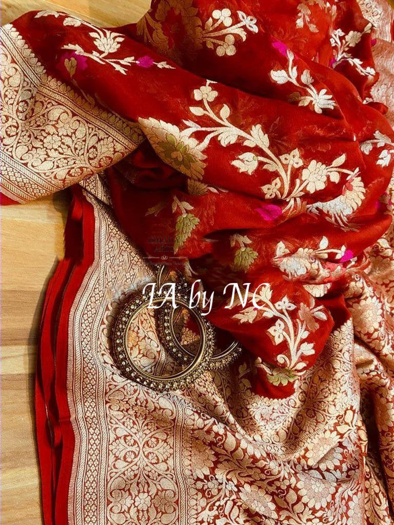 Carmine Banarasi Pure Khaddi Georgette Meenakari Saree