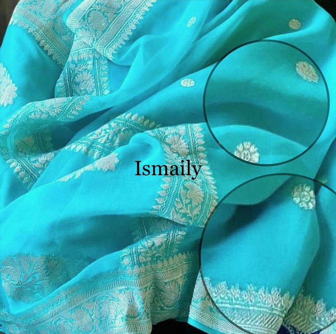 Turquoise Banarasi Pure Khaddi Georgette Kadwa Saree