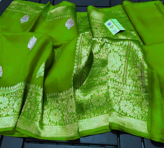 Green Banarasi Pure Kora Organza Kadwa Saree