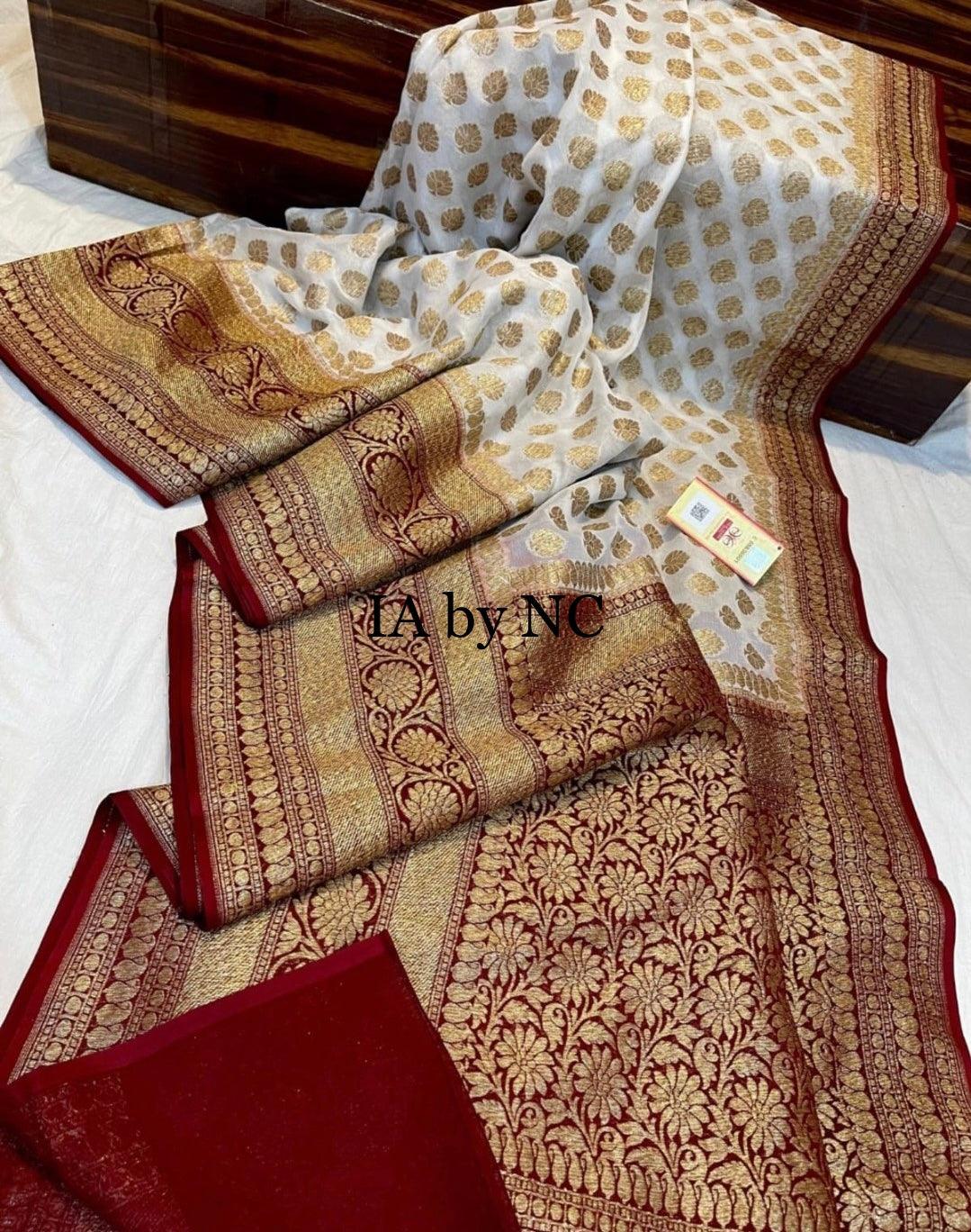 Offwhite Banarasi Pure Khaddi Georgette Saree