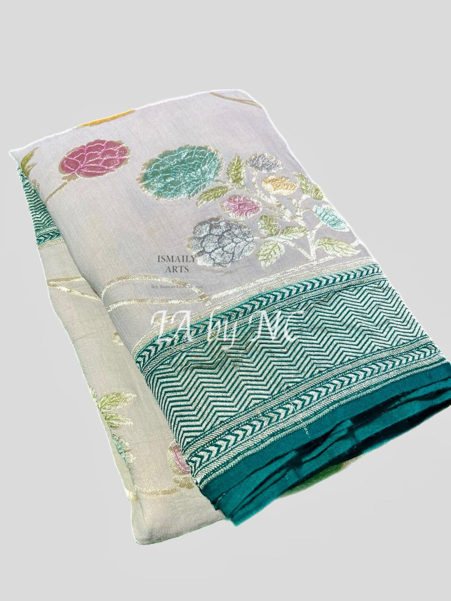 Off-white Banarasi Pure Khaddi Munga Saree