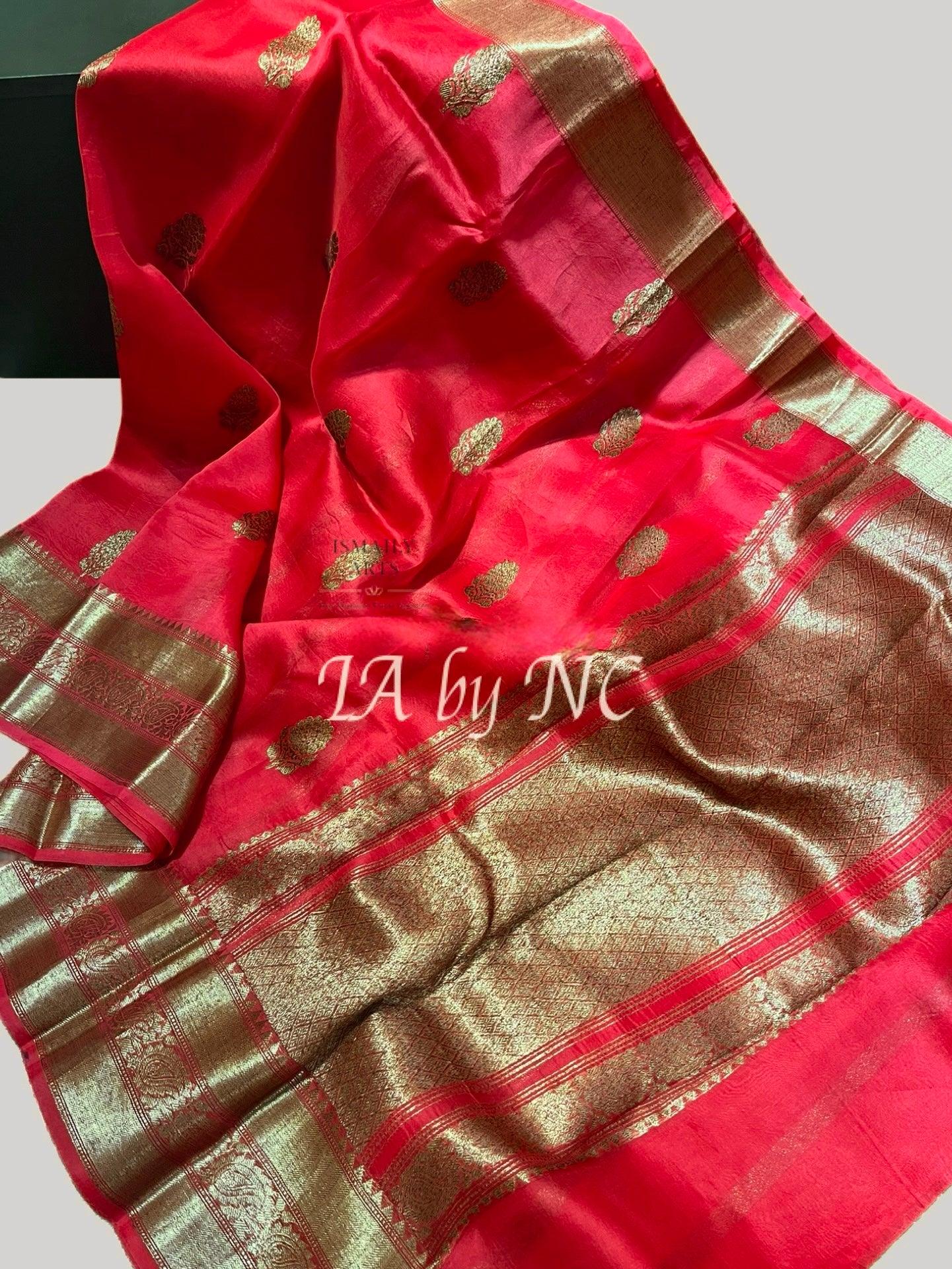 Chilli Banarasi Pure Kora Organza Kadwa Saree