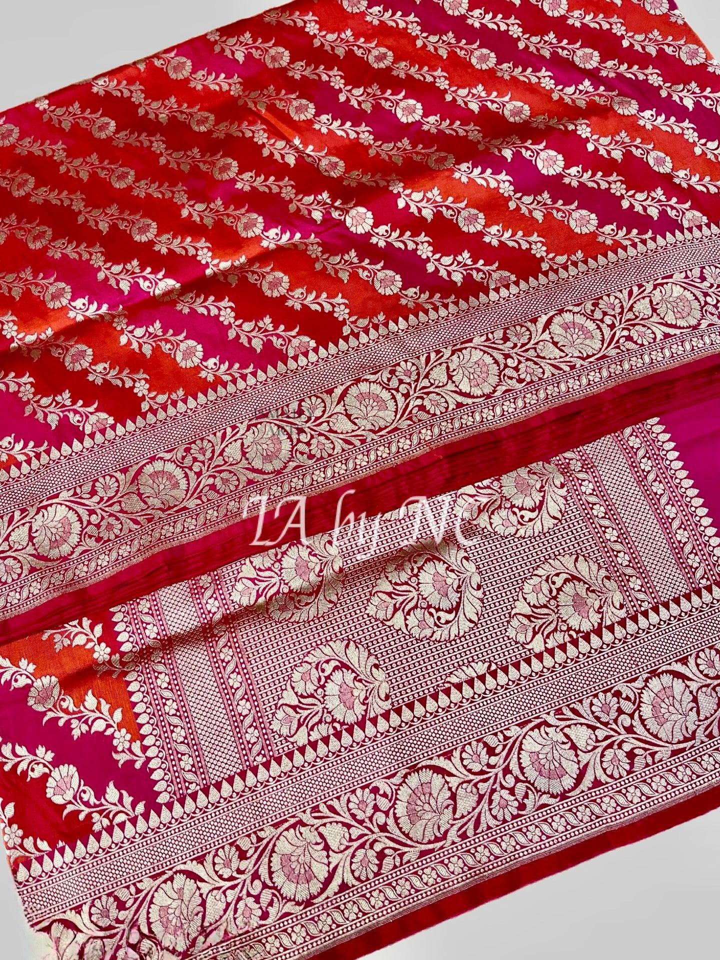 Crimson Banarasi Pure Katan Silk Rangkaat Jangla Pattu Saree