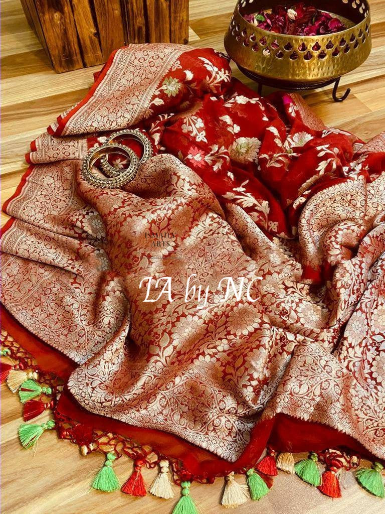 Carmine Banarasi Pure Khaddi Georgette Meenakari Saree