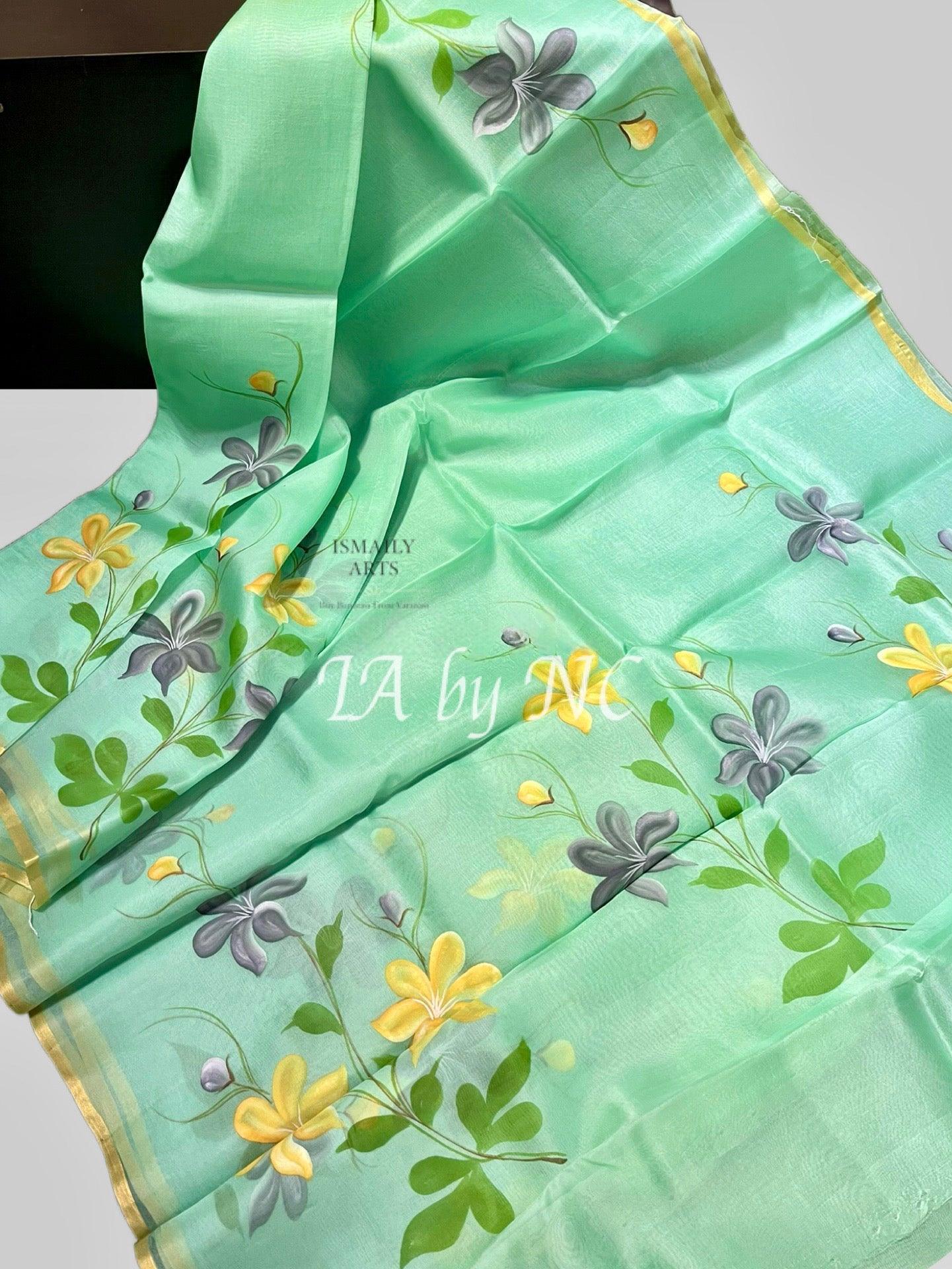 Mint Banarasi Pure Kora Organza Saree
