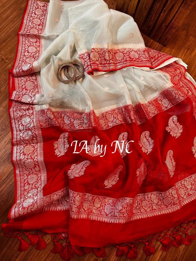 Pearl Banarasi Pure Khaddi Georgette Kadwa Saree