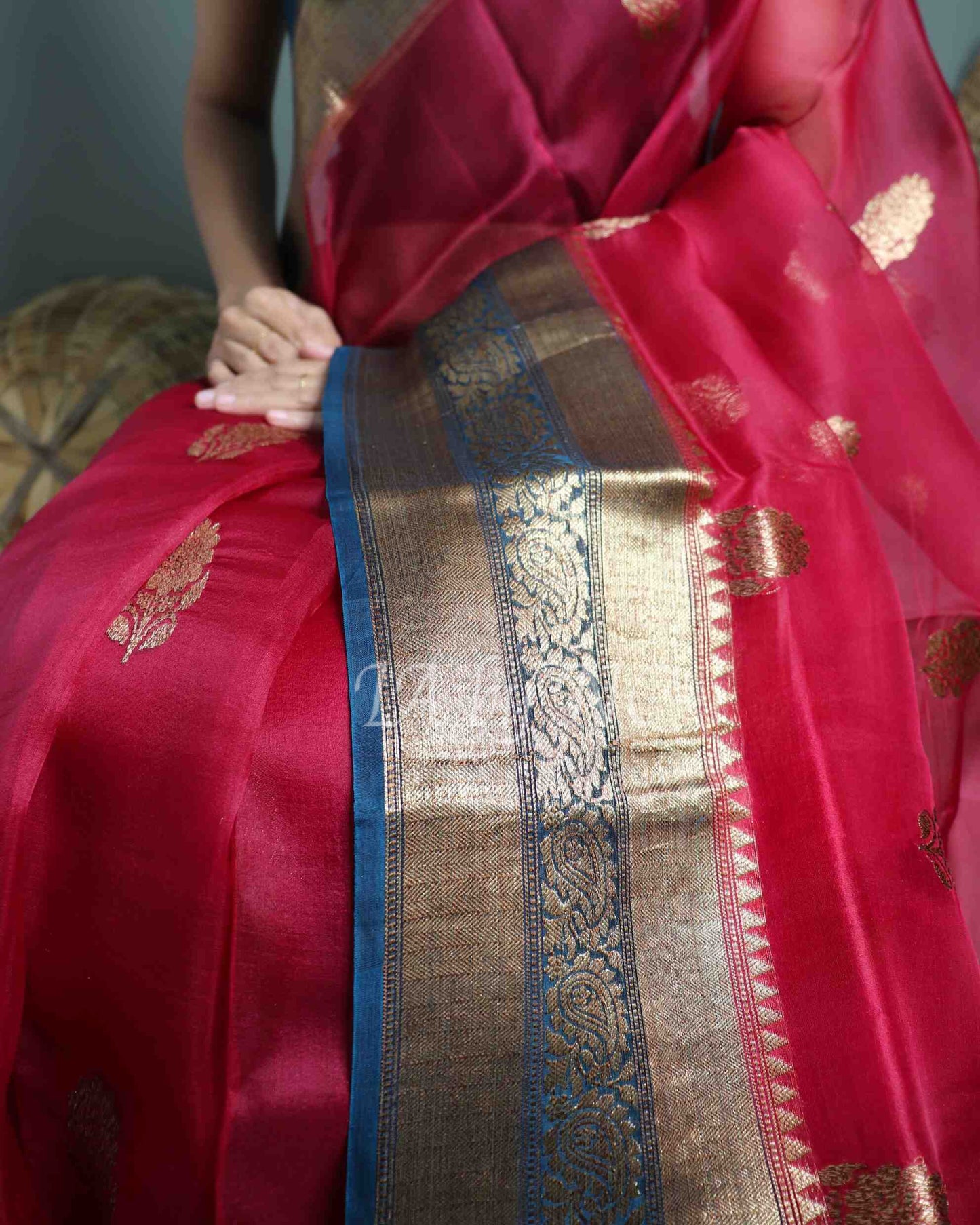 Carmine Banarasi Pure Kora Silk Kadwa Saree