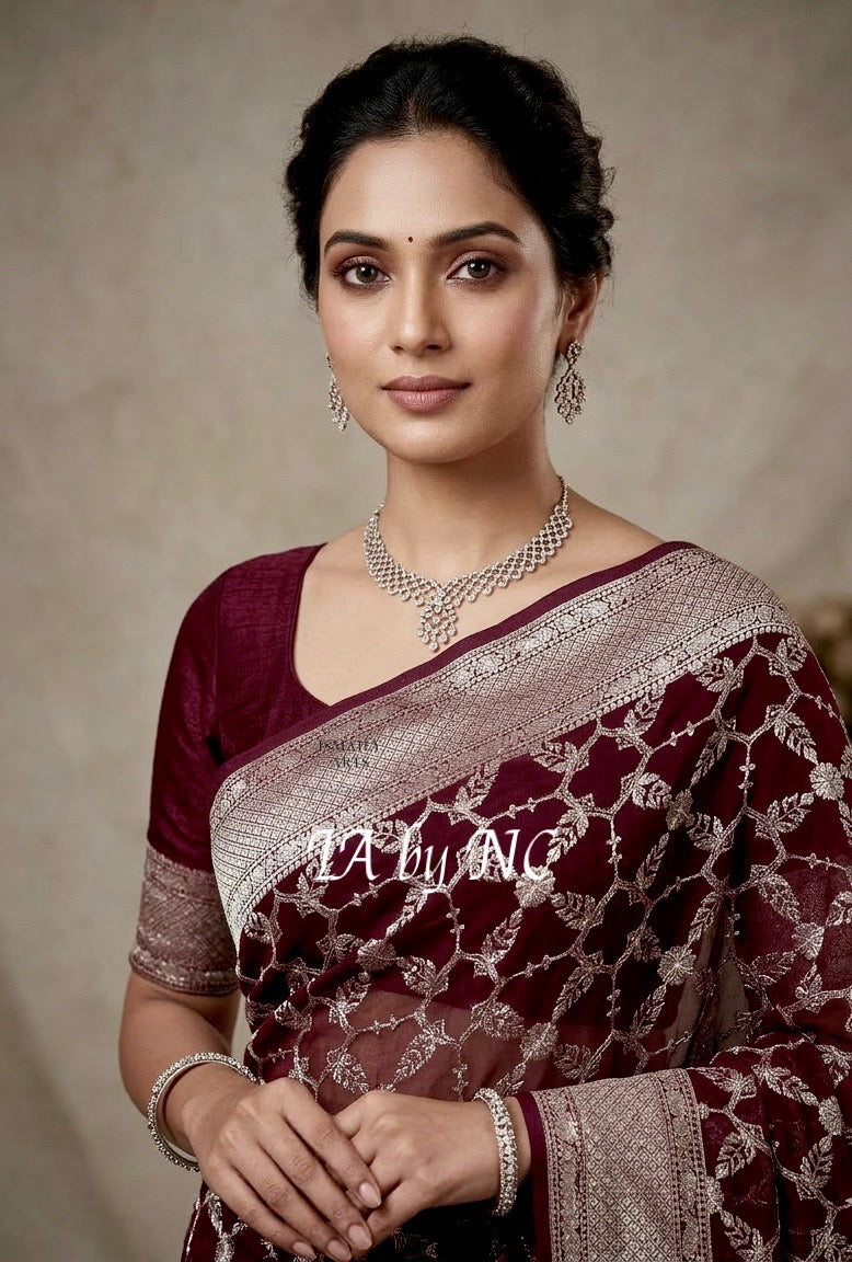 Umber Banarasi Pure Khaddi Georgette Saree
