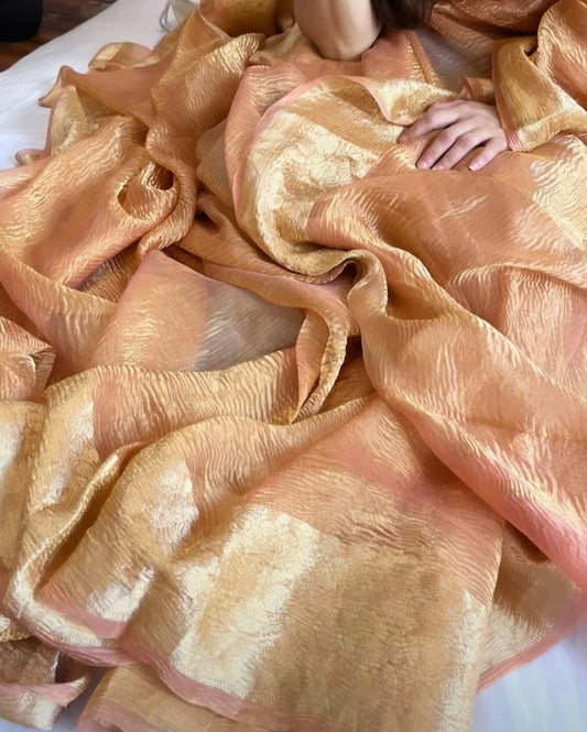 Peach Banarasi Pure Crushed Tissue Silk Saree