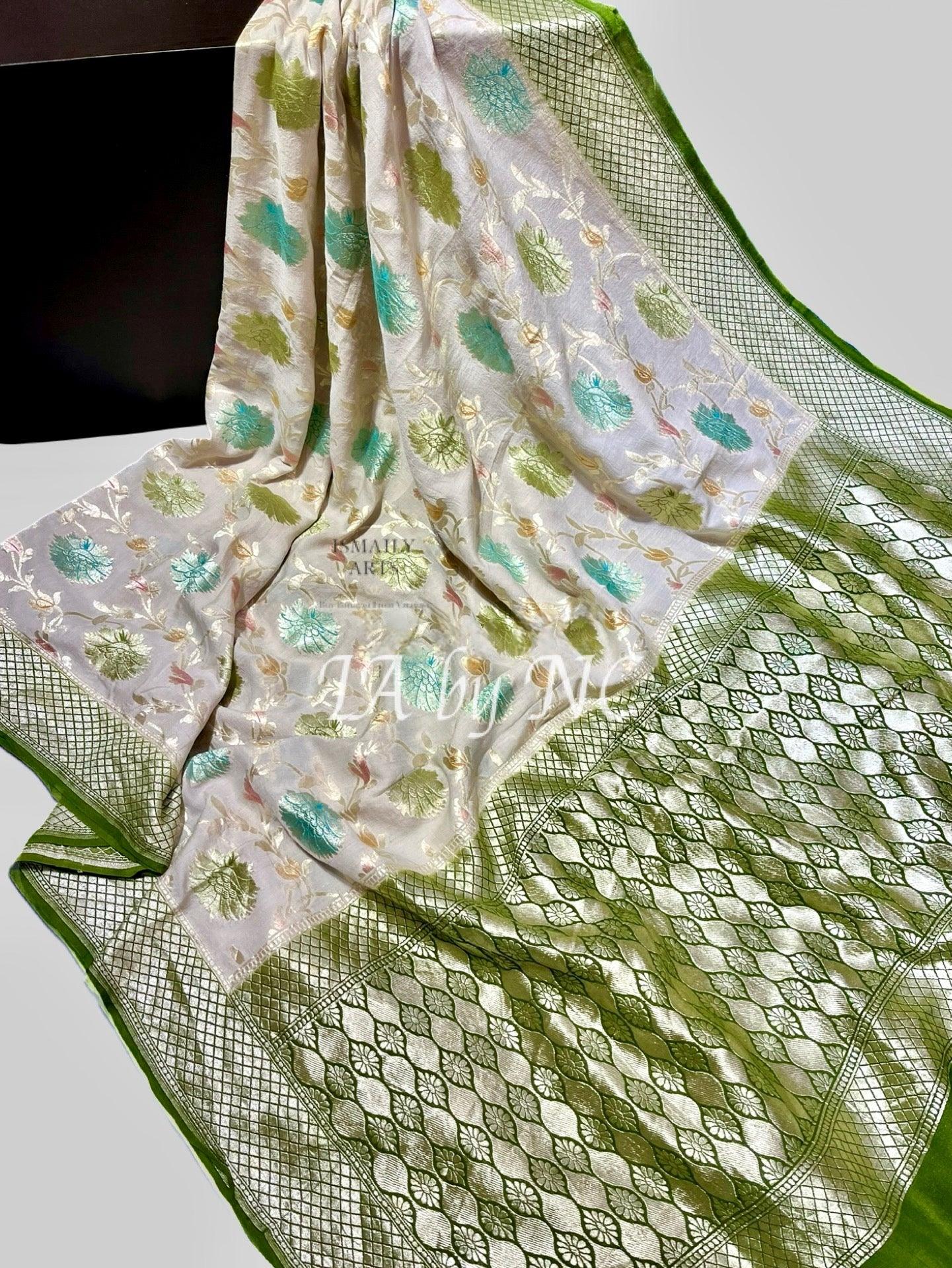 Off-white Banarasi Pure Khaddi Munga Saree