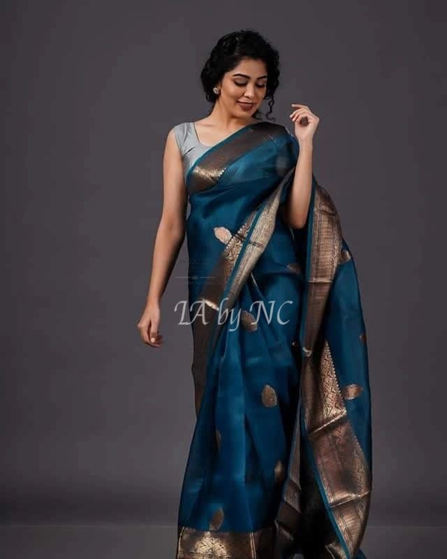Teal Banarasi Pure Kora Silk Kadwa Saree