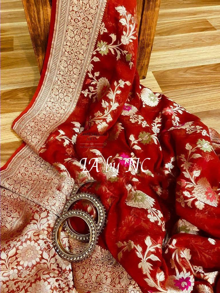 Carmine Banarasi Pure Khaddi Georgette Meenakari Saree