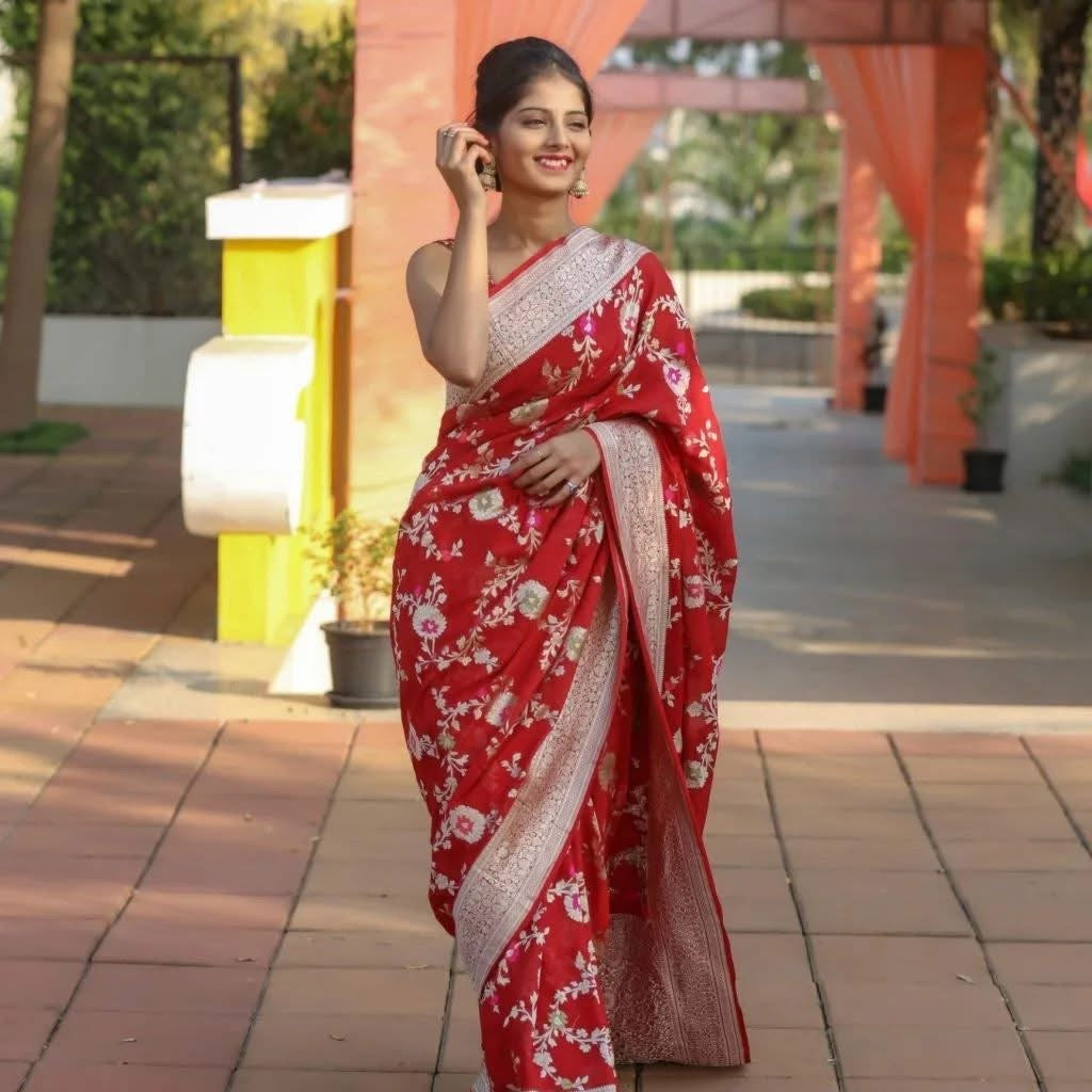 Crimson Banarasi Pure Khaddi Georgette Meenakari Saree