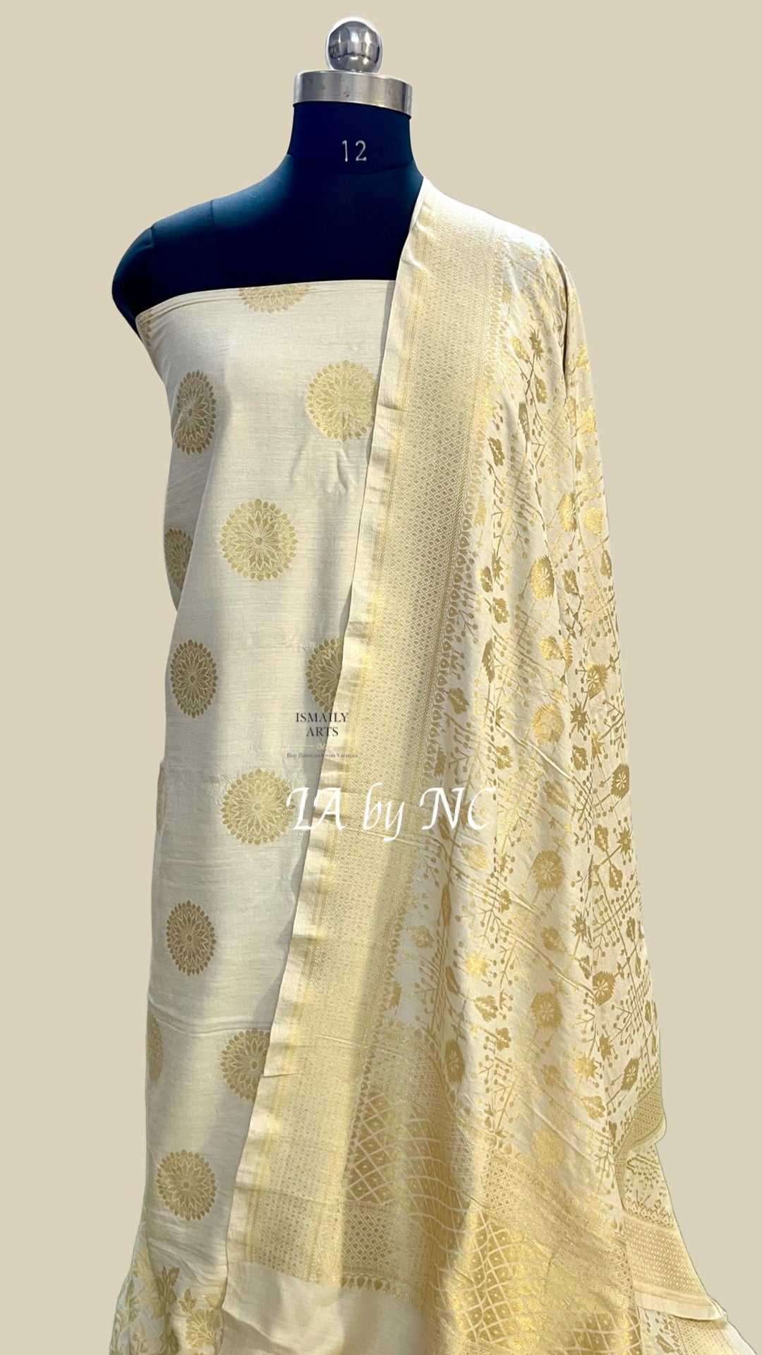 Beige Banarasi Pure Munga Silk Dress Material
