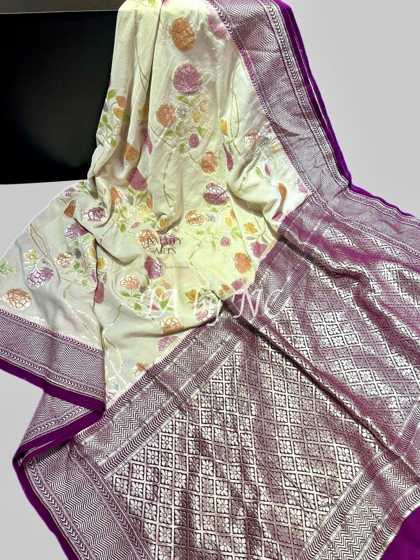 Off-white Banarasi Pure Khaddi Munga Saree