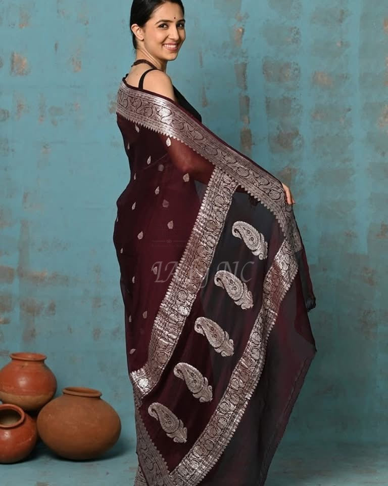 Hickory Banarasi Pure Khaddi Georgette Kadwa Saree