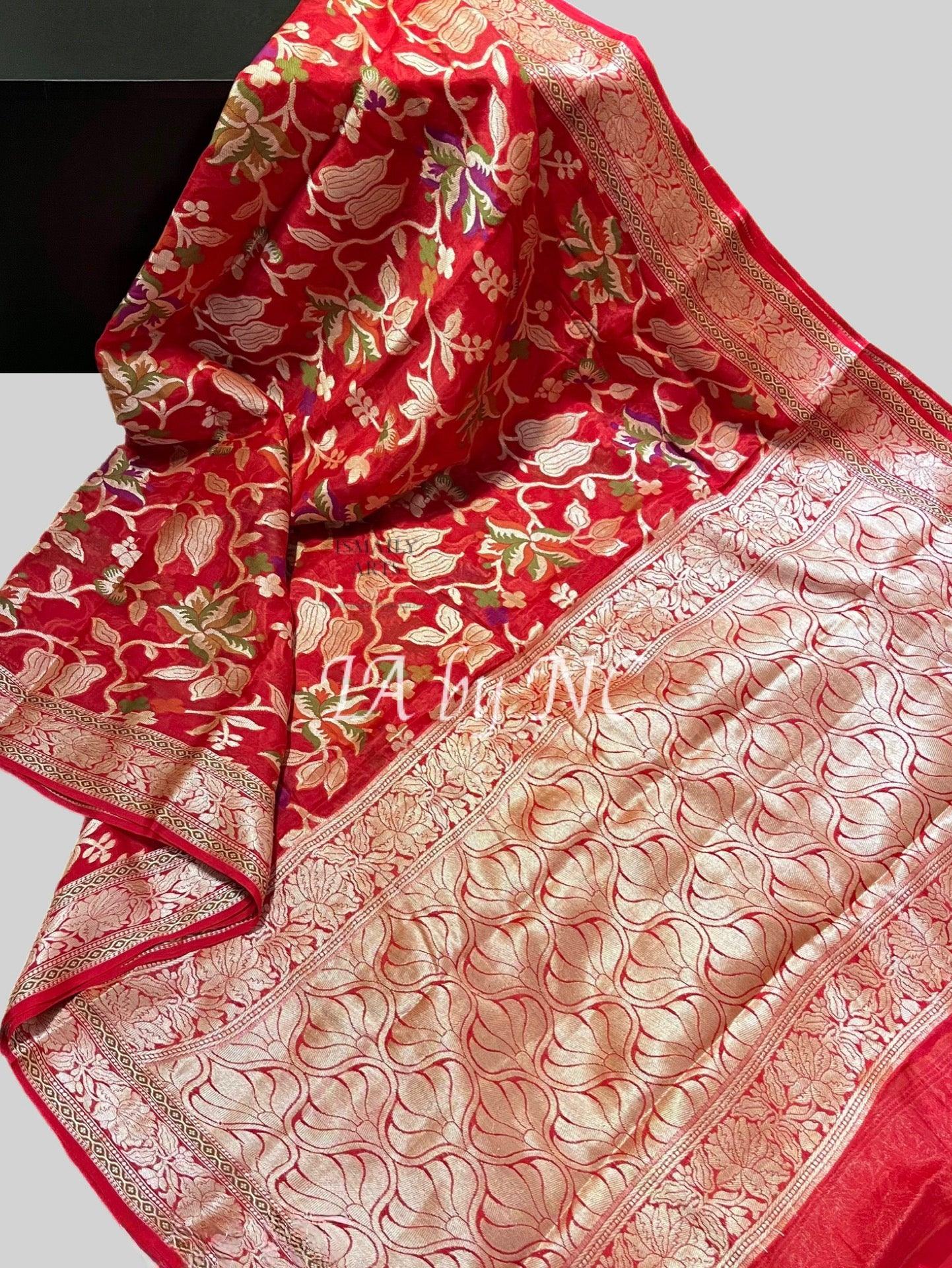 Crimson Banarasi Pure Chiffon Georgette Sare