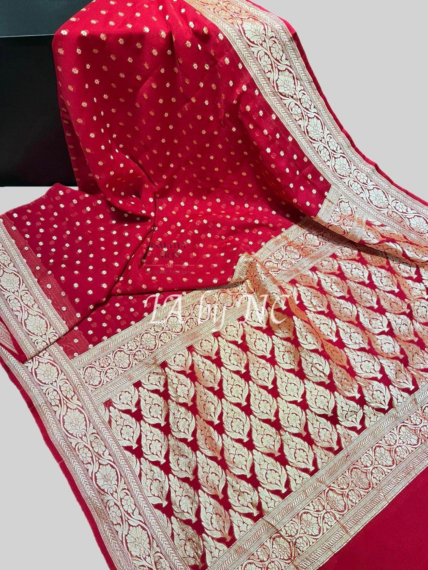 Carmine Banarasi Pure Khaddi Georgette Saree