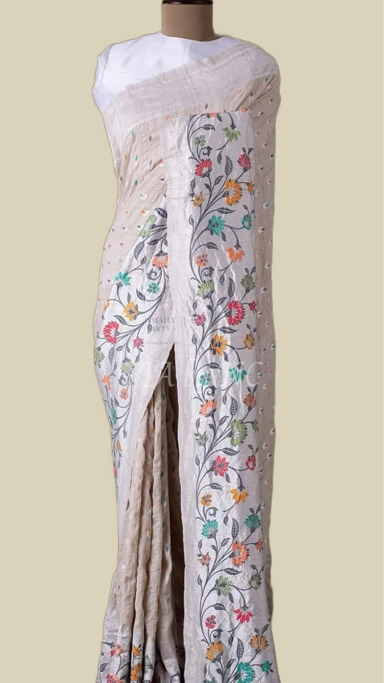 Beige Banarasi Pure Khaddi Tussar Georgette Paithani Saree