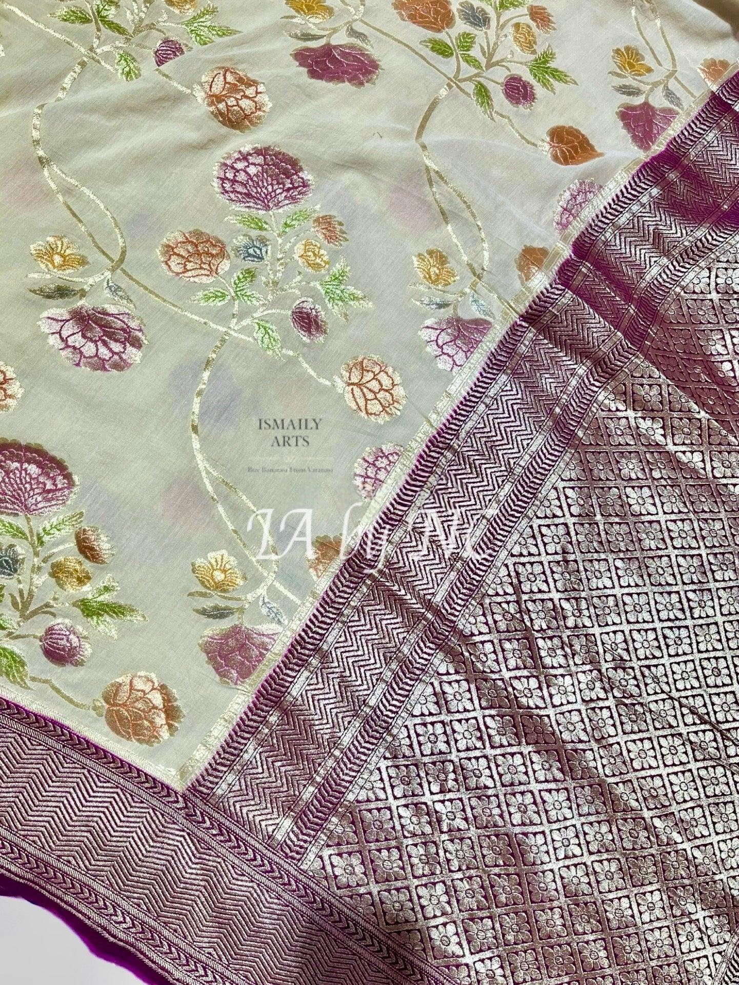 Off-white Banarasi Pure Khaddi Munga Saree