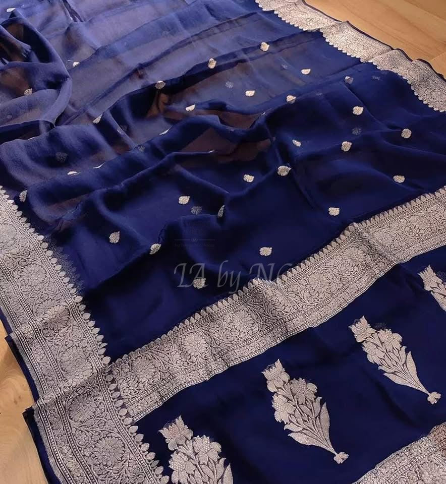 Denim Banarasi Pure Khaddi Georgette Kadwa Saree