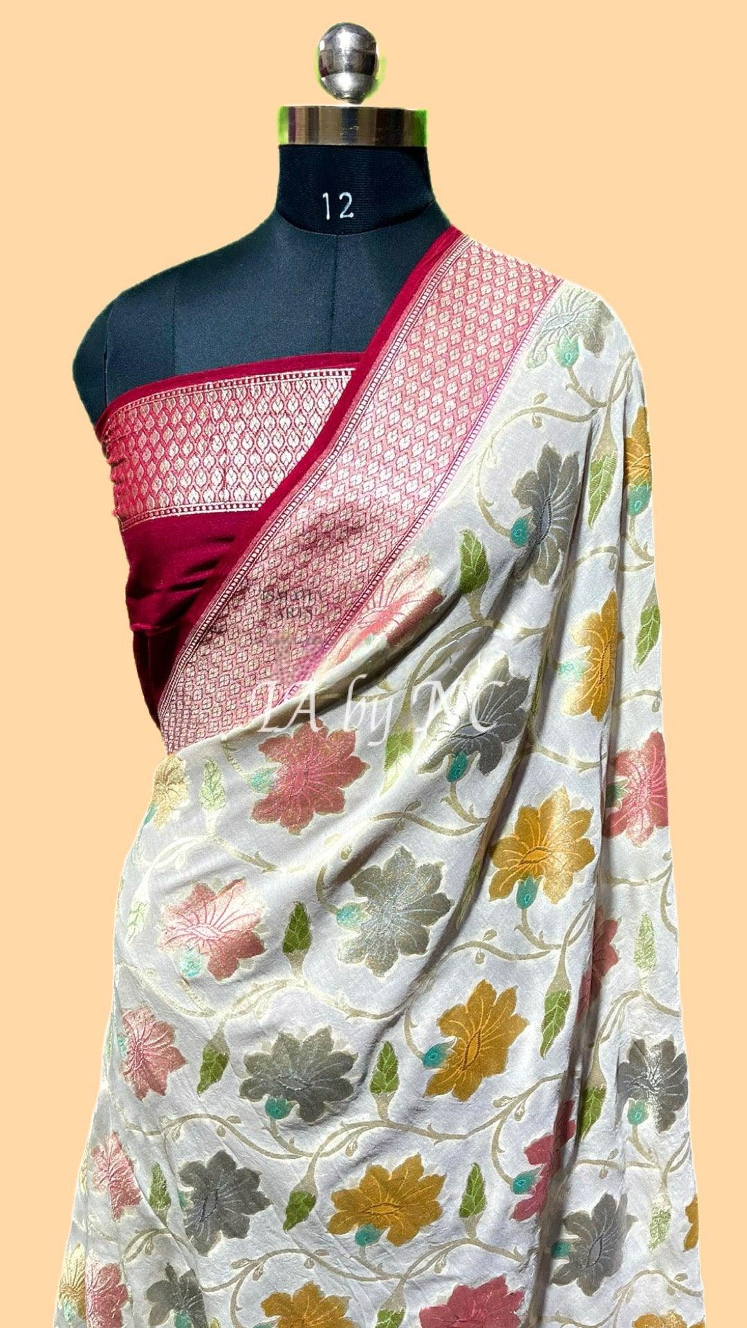 Off-white Banarasi Pure Munga Silk Saree