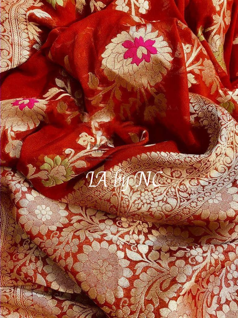 Carmine Banarasi Pure Khaddi Georgette Meenakari Saree