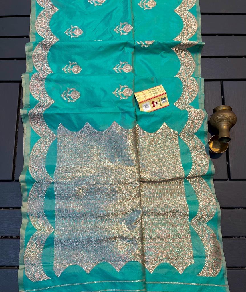 Turquoise Banarasi Pure Katan Silk Kadwa Saree