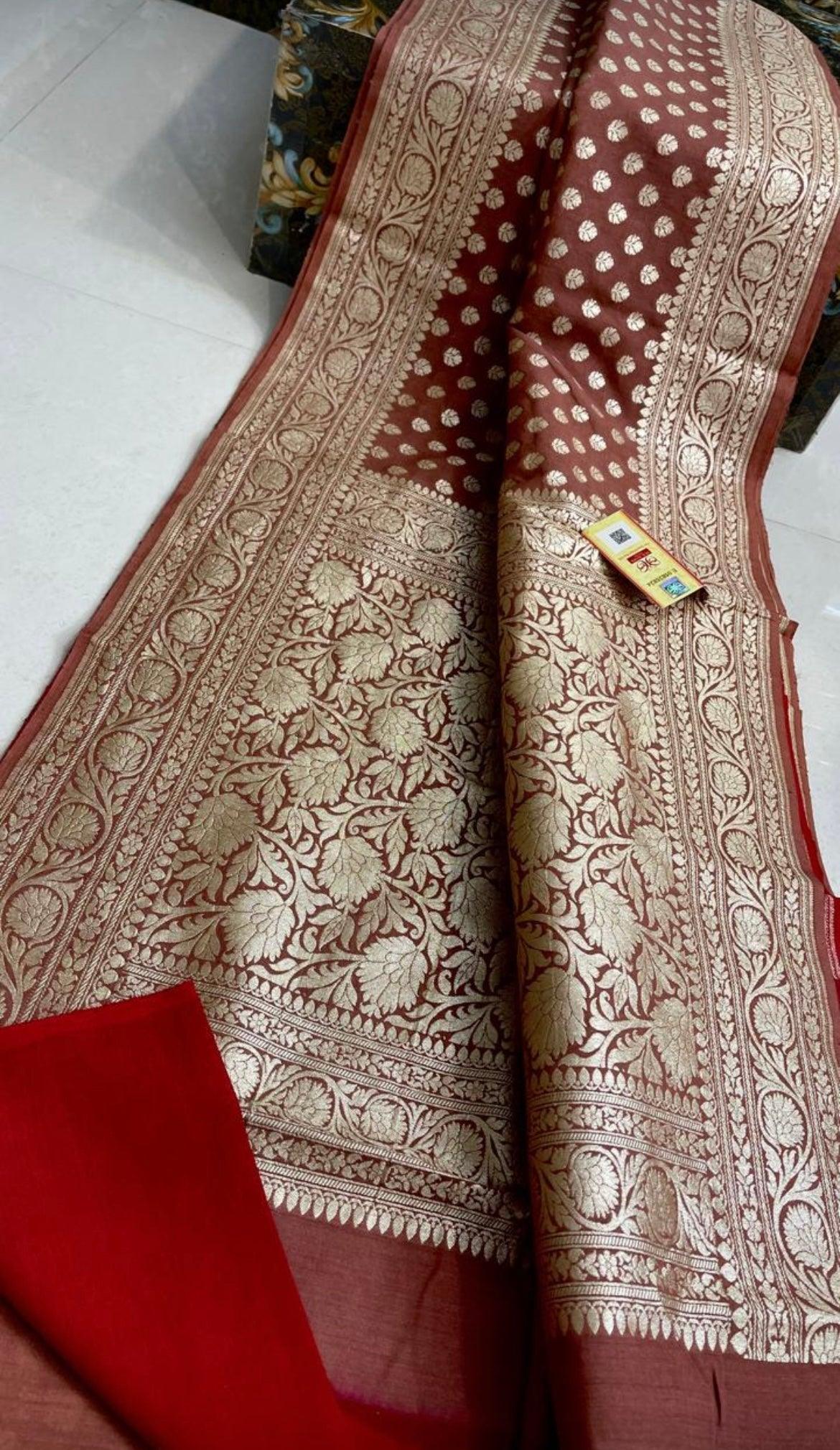 Rust Banarasi Pure Khaddi Georgette Saree
