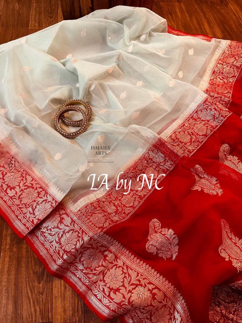 Pearl Banarasi Pure Khaddi Georgette Kadwa Saree