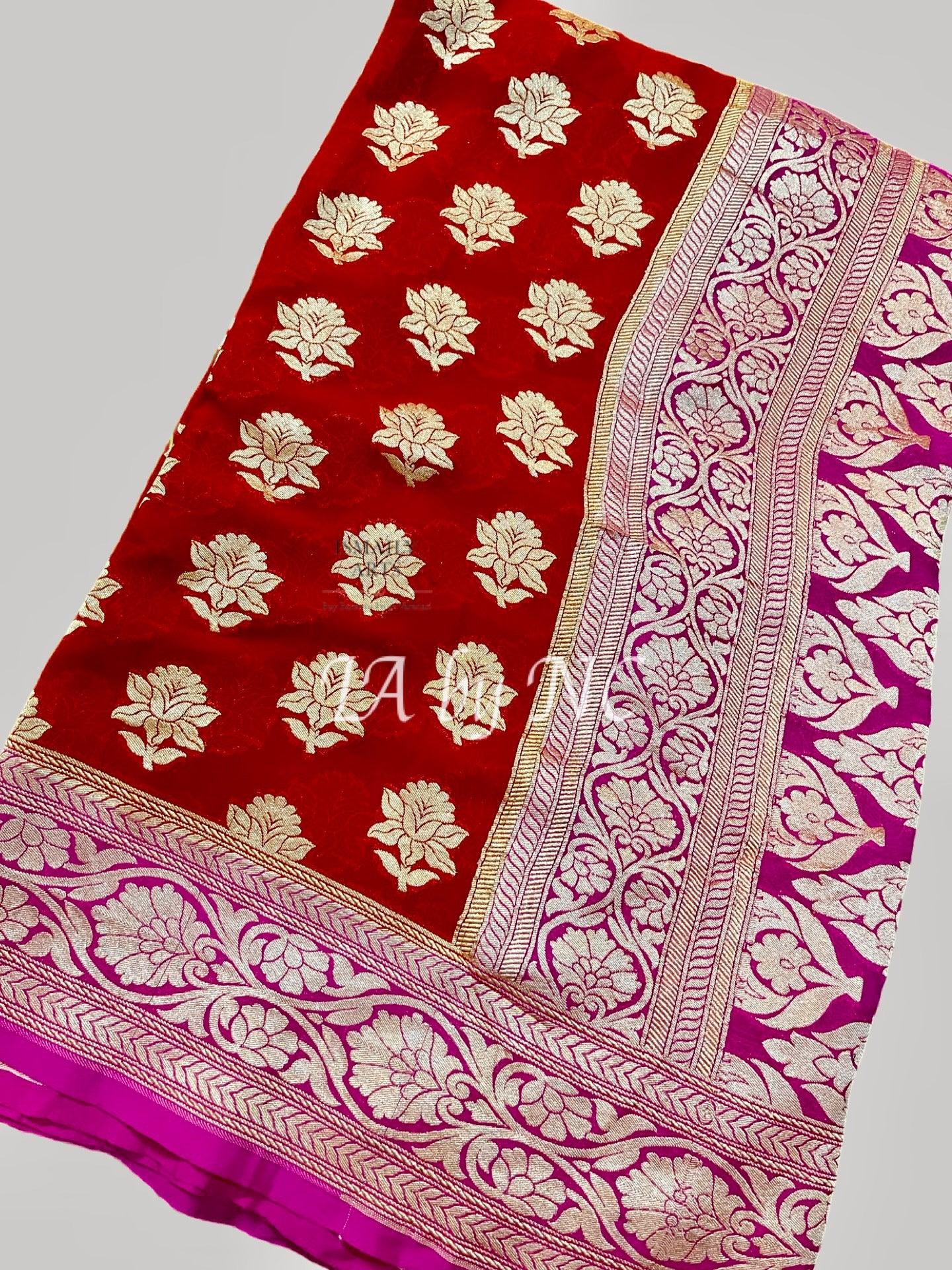 Carmine Banarasi Pure Khaddi Georgette Saree