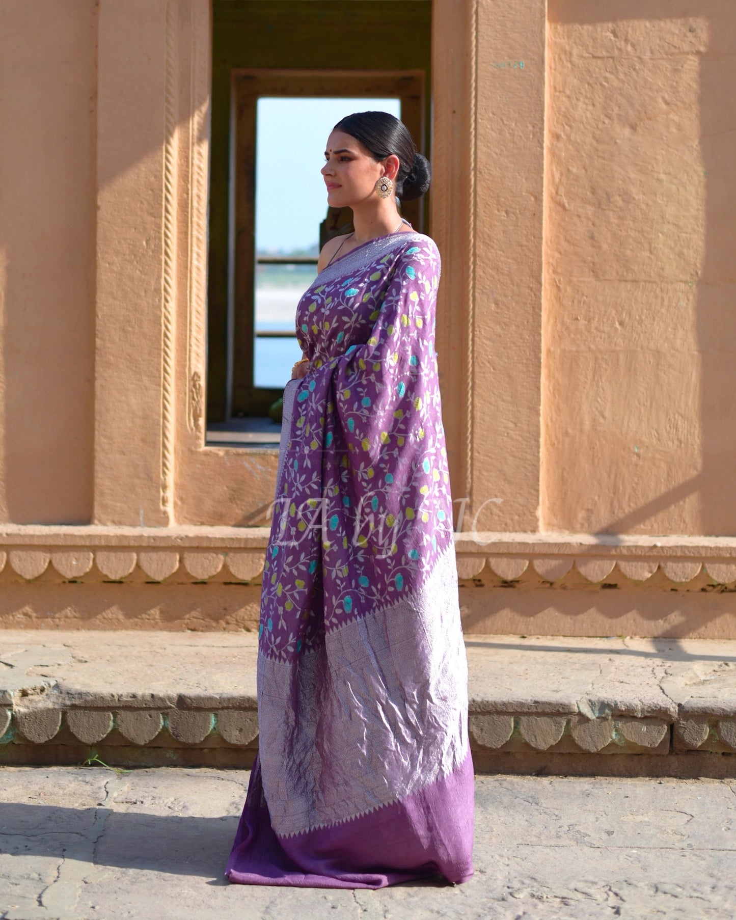 Plum Banarasi Pure Khaddi Tussar Georgette Meenakari Saree