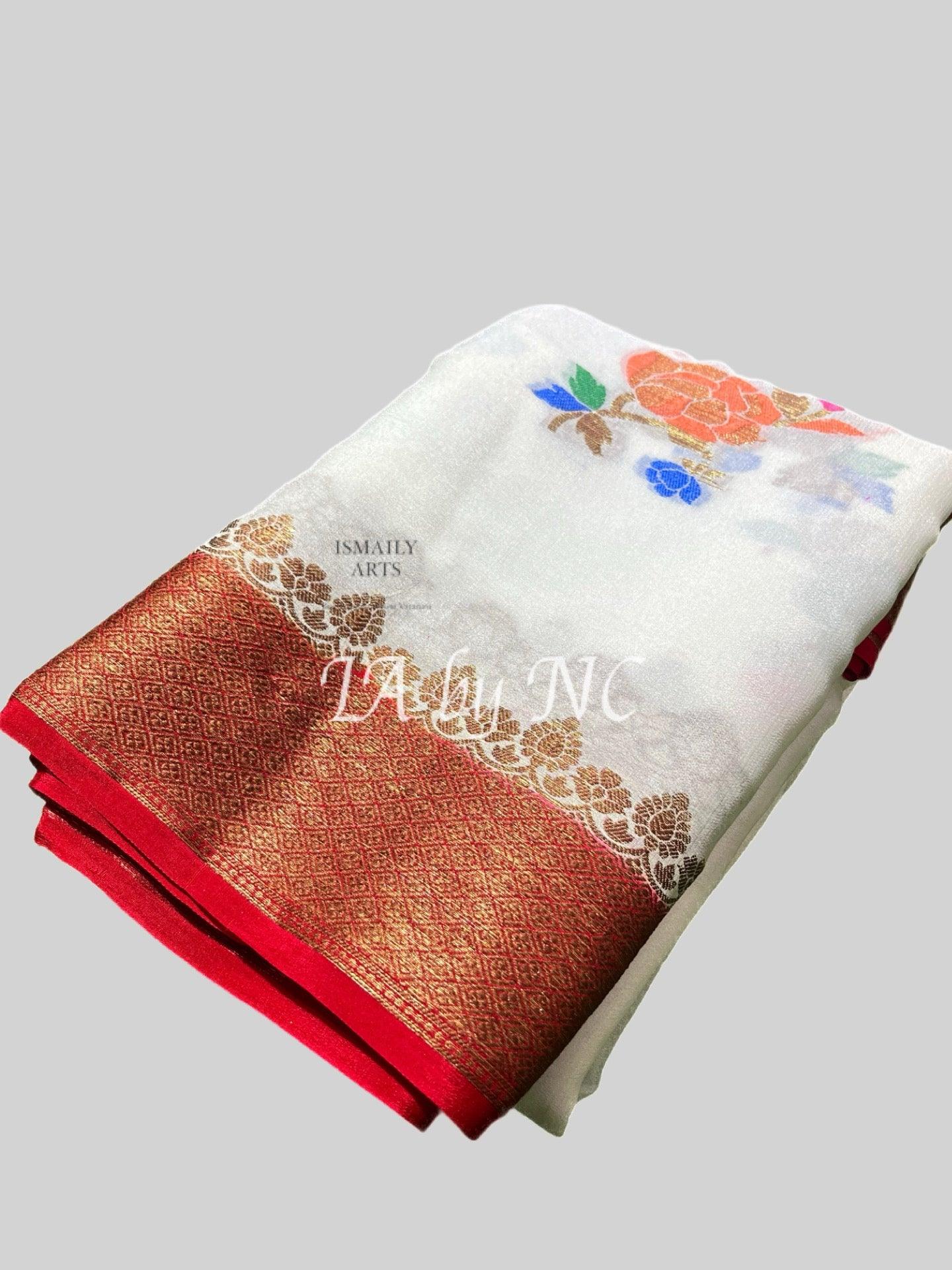 White Banarasi Pure Chiffon Georgette Saree