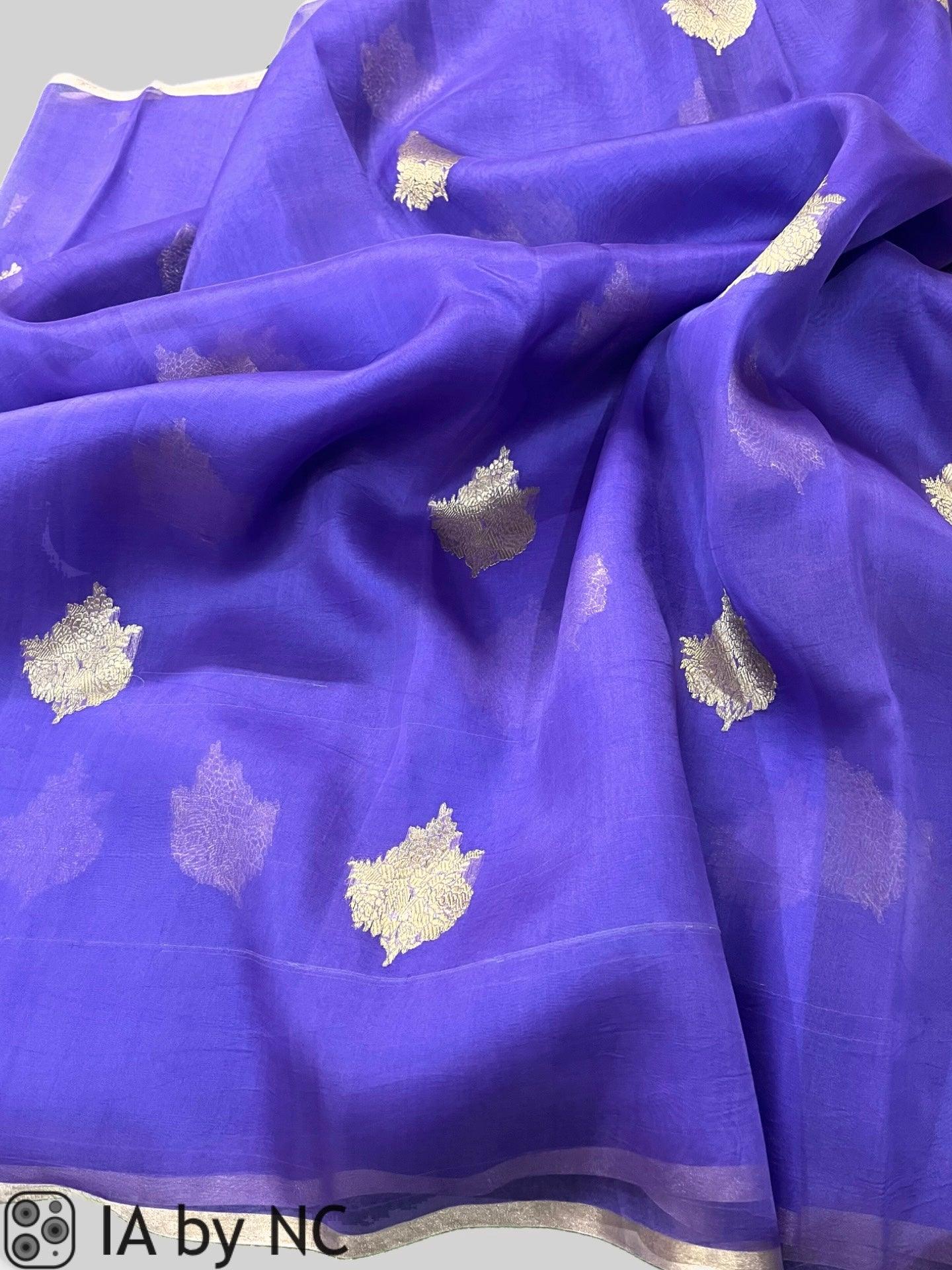 Indigo Banarasi Pure Kora Organza Kadwa Saree