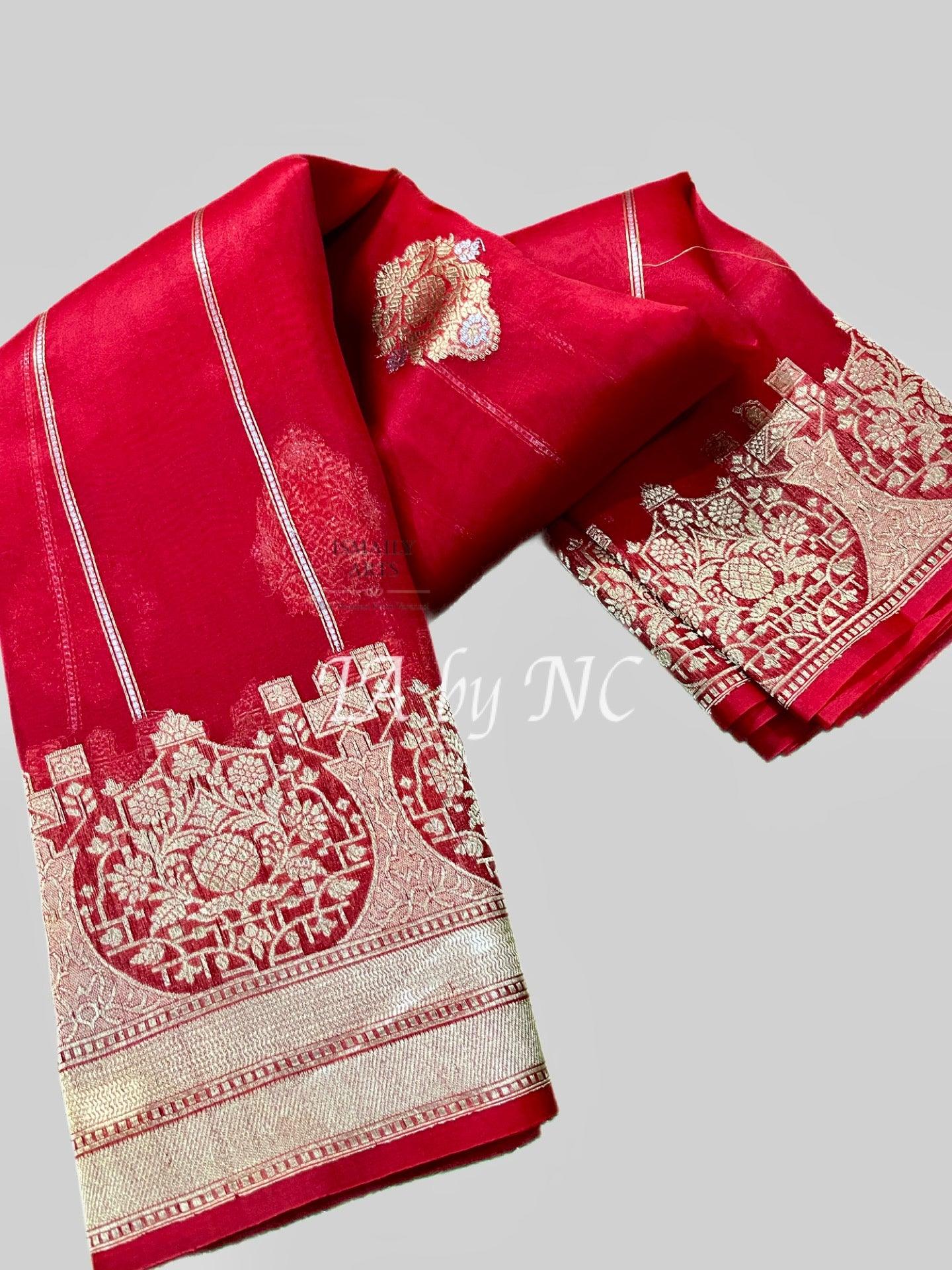 Crimson Banarasi Pure Kora Organza Kadwa Saree