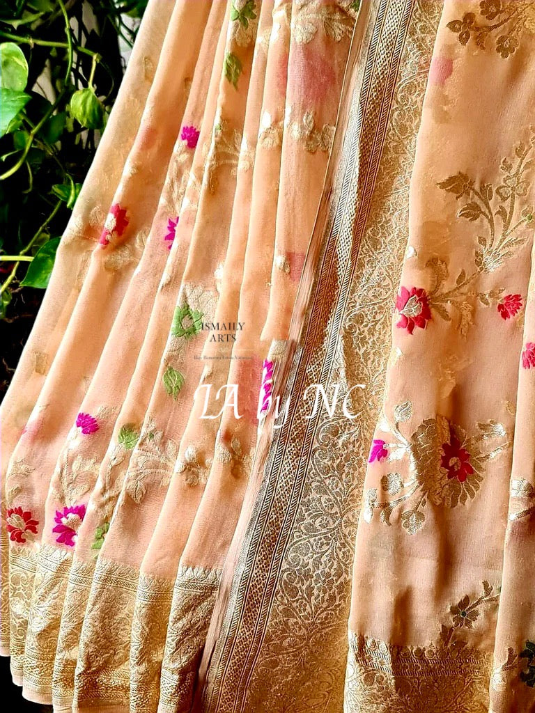 Peach Banarasi Pure Khaddi Georgette Meenakari Saree