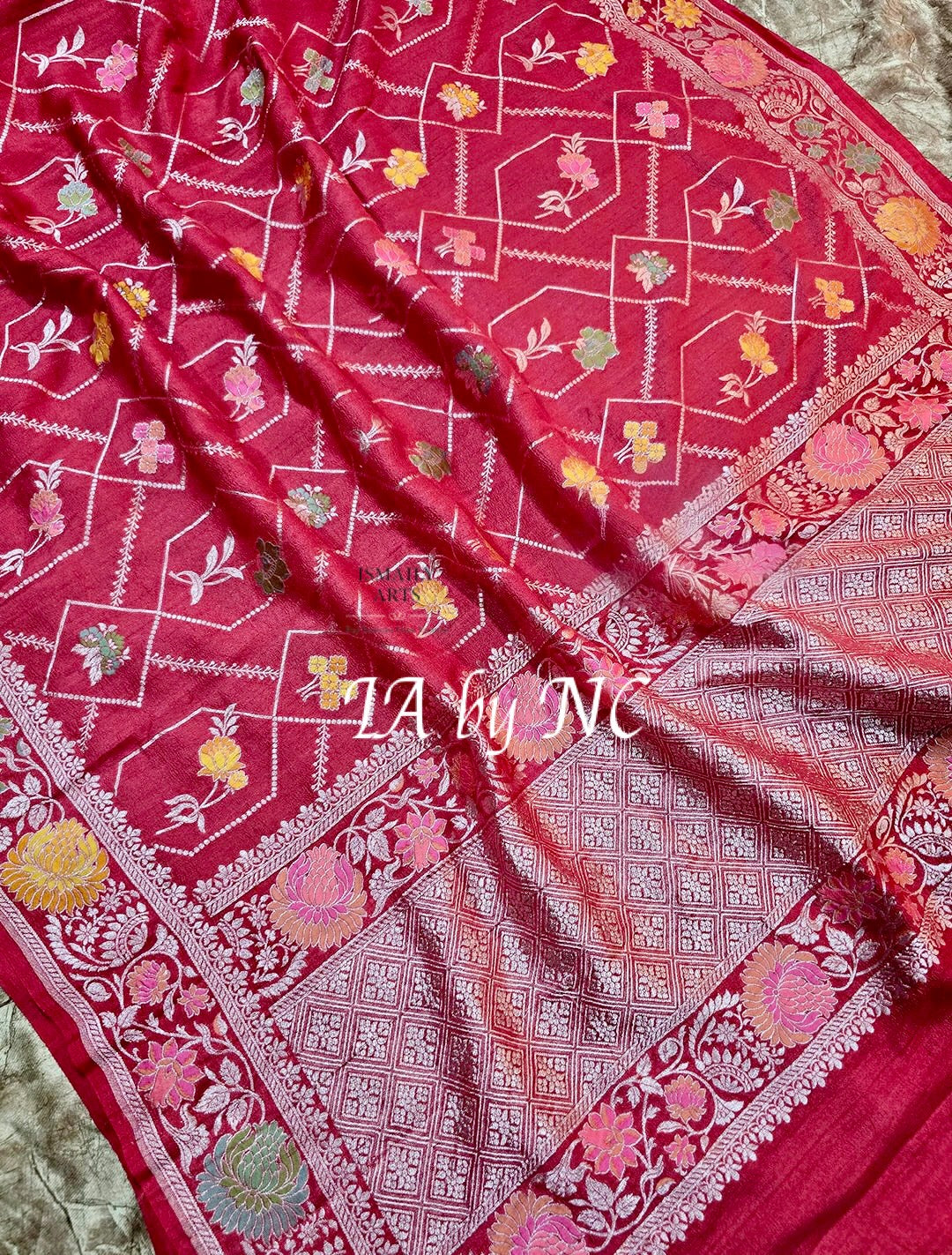Strawberry Banarasi Pure Khaddi Tussar Georgette Meenakari Saree