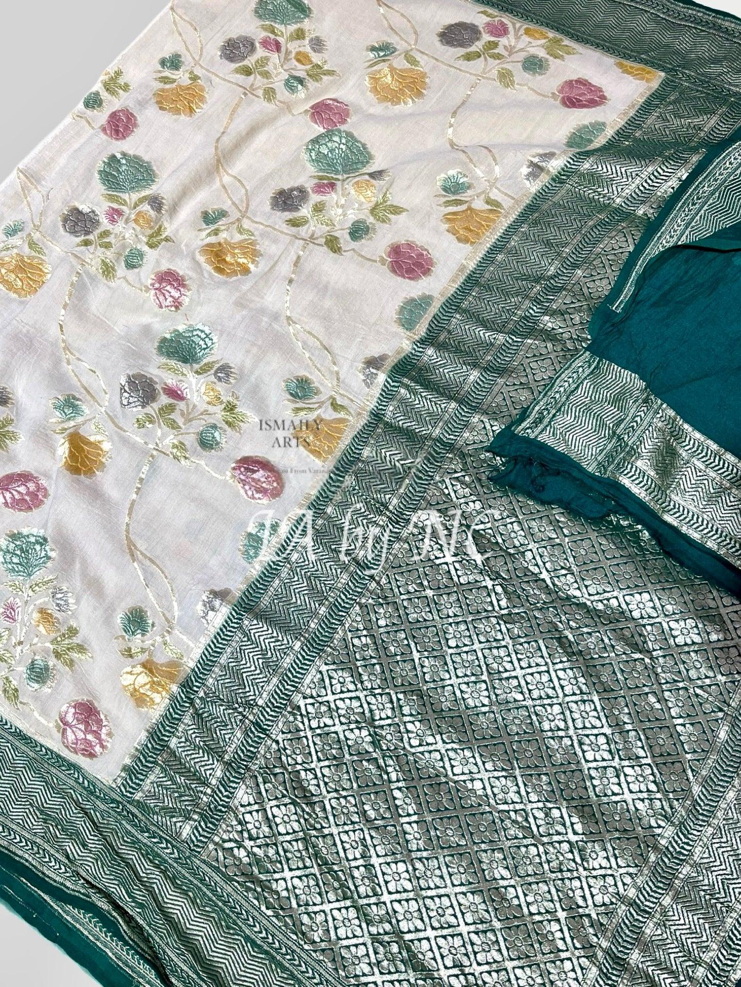 Off-white Banarasi Pure Khaddi Munga Saree