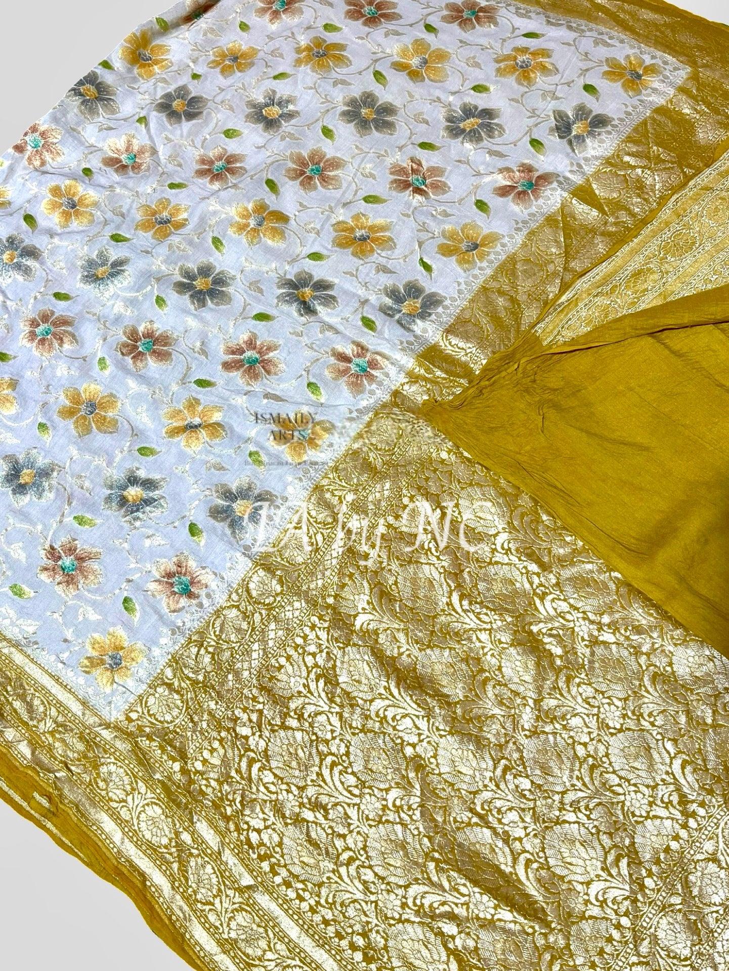 Off-white Banarasi Pure Khaddi Munga Saree