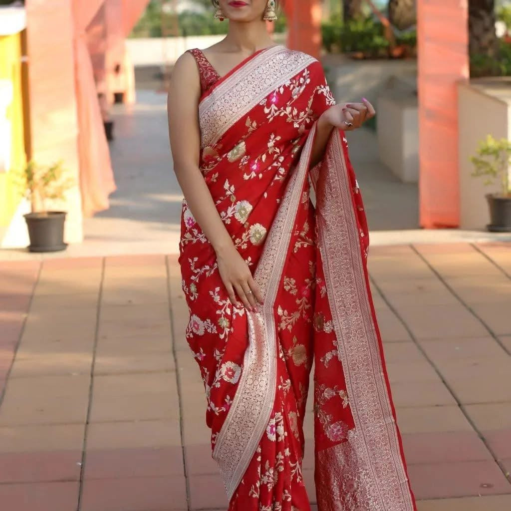Crimson Banarasi Pure Khaddi Georgette Meenakari Saree