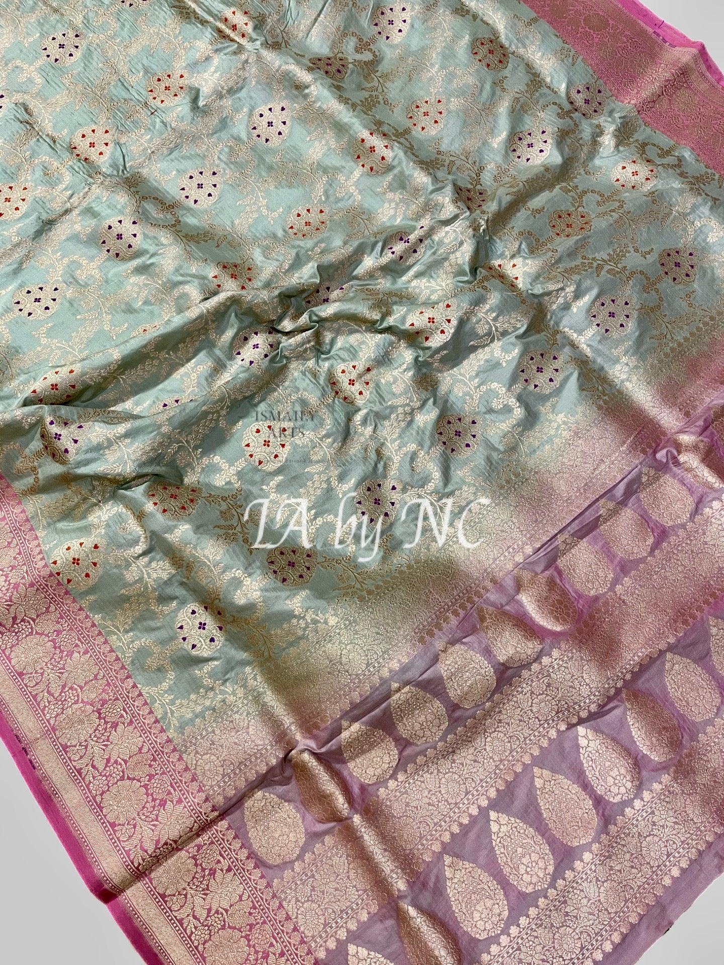 Seafoam Banarasi Pure Katan Silk Meenakari Pattu Saree