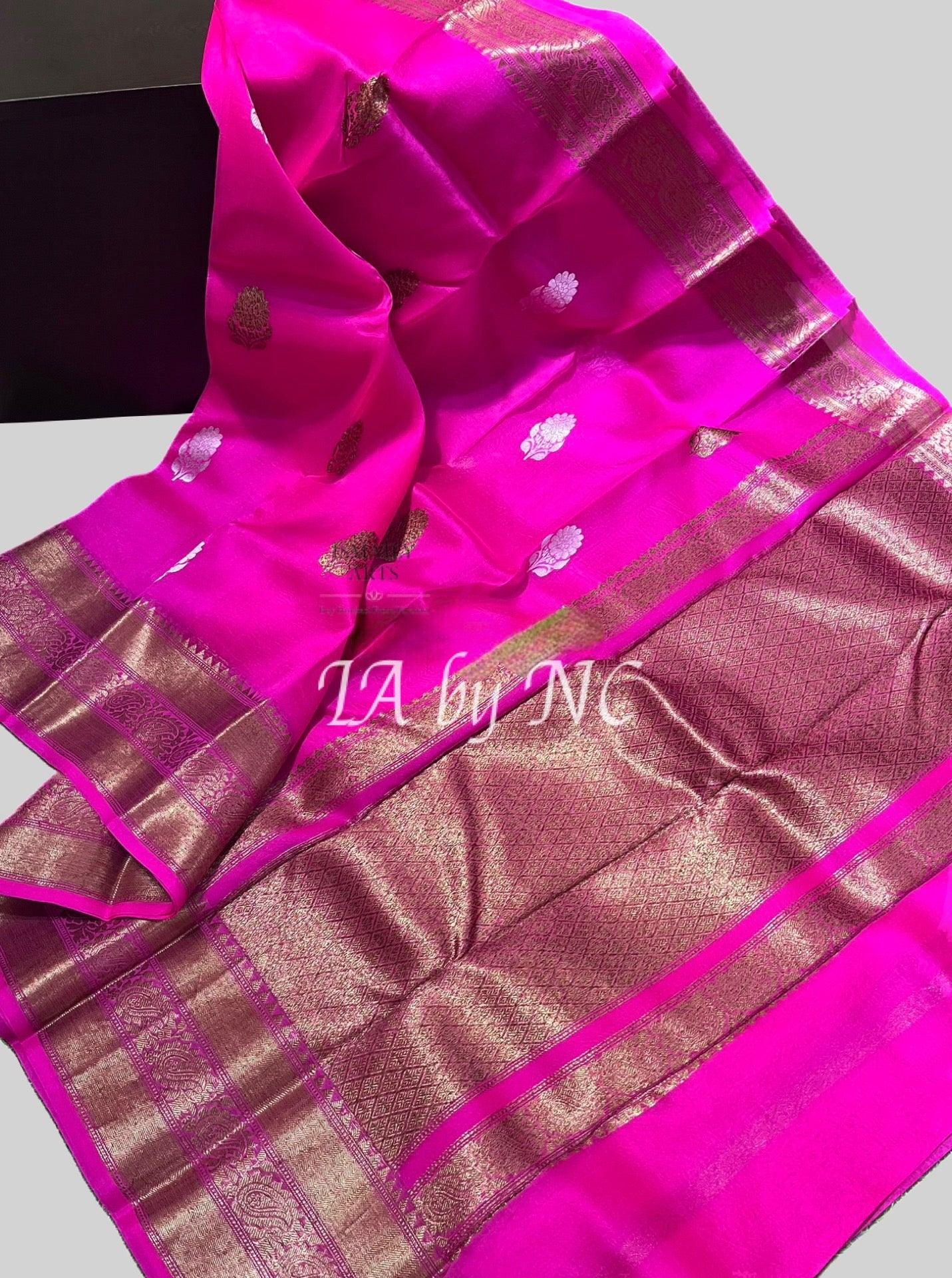 Fuschia Banarasi Pure Kora Organza Kadwa Saree