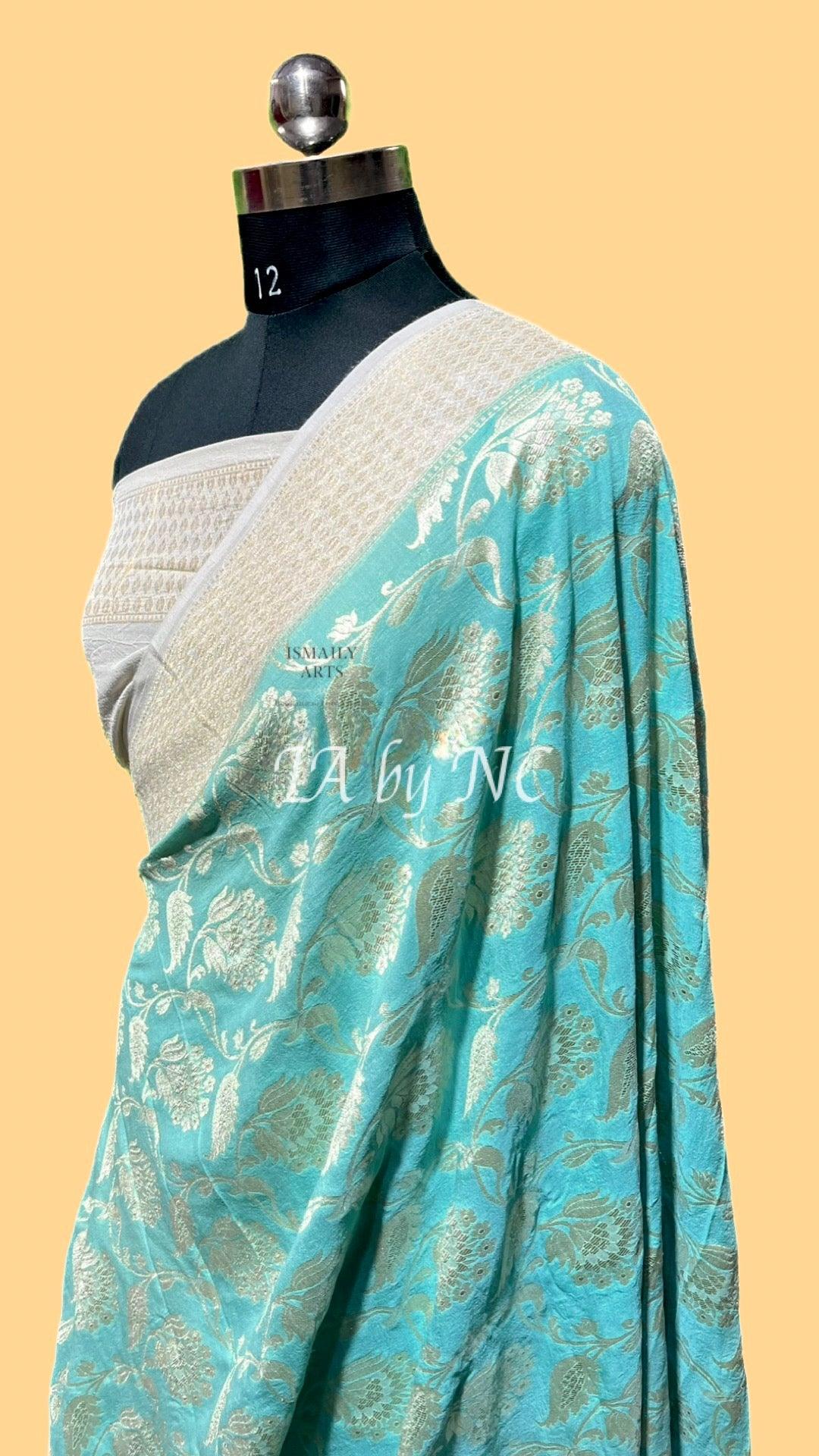 Turquoise Banarasi Pure Khaddi Munga Saree
